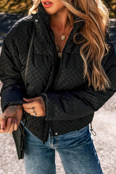 Checkered Turtleneck Zip Up Long Sleeve Winter Coat - Byyde