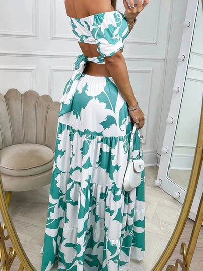 Full Size Cutout Off-Shoulder Printed Maxi Dress Plus Size - Byyde