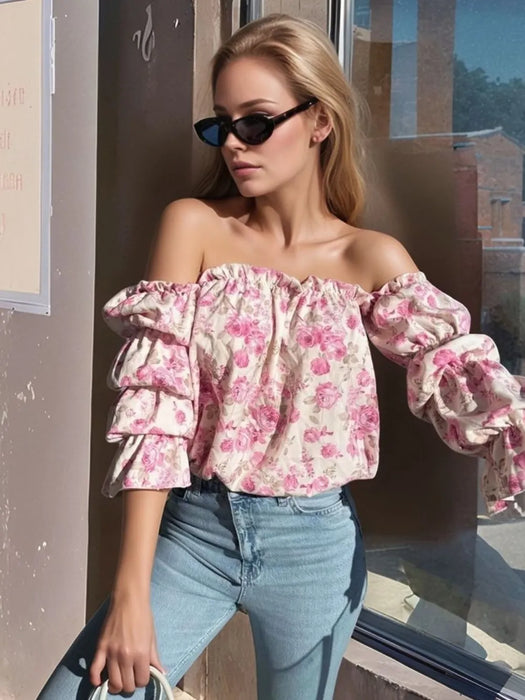 Printed Off-Shoulder Flounce Sleeve Blouse - Byyde