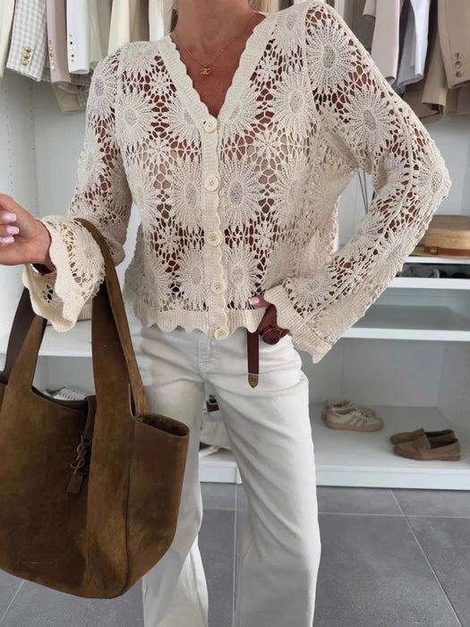 Lace V-Neck Button-Up Cardigan - Byyde