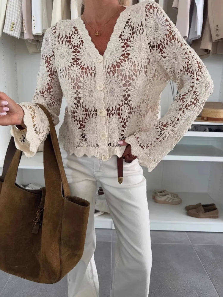 Lace V-Neck Button-Up Cardigan - Byyde