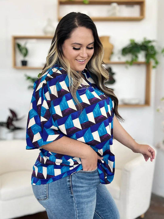 Double Take Full Size Geometric Notched Half Sleeve Blouse - Byyde