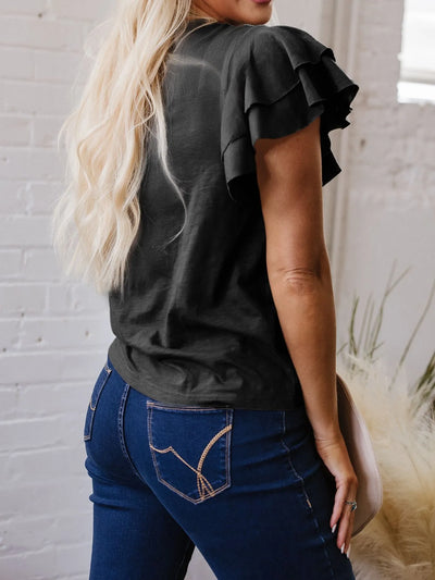 Ruffle Sleeve Round Neck Top - Byyde