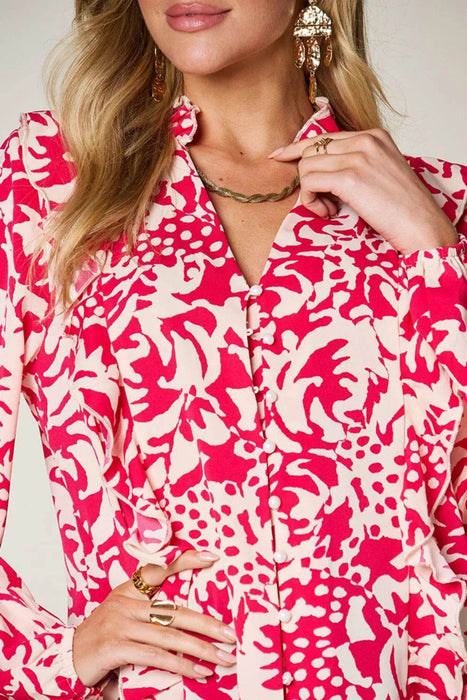 Double Take Full Size Printed Ruffle Trim Balloon Sleeve Shirt - Byyde