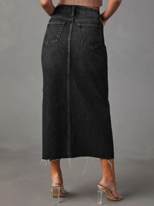 Raw Hem Front Slit Denim Midi Skirt - Byyde