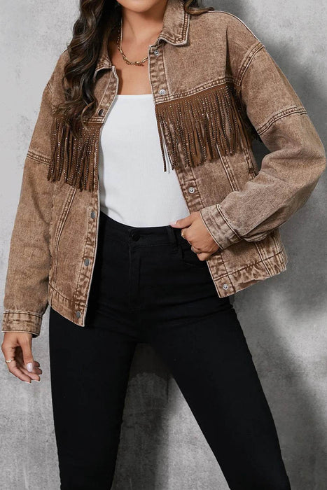 Fringe Trim Snap Down Denim Jacket - Byyde