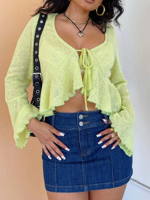Ruffled Hem Tie-Front Cropped Cardigan - Byyde