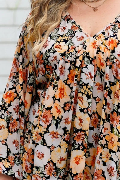 Plus Size Floral V-Neck Balloon Sleeve Blouse - Byyde