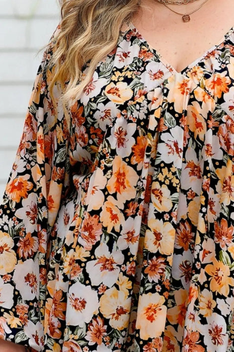 Plus Size Floral V-Neck Balloon Sleeve Blouse - Byyde