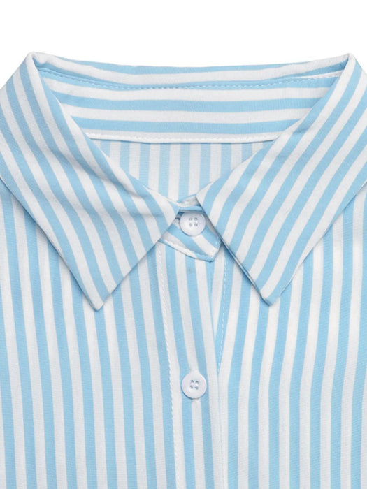 Striped Button-Down Midi Shirt Dress with Ruffle Sleeves - Byyde