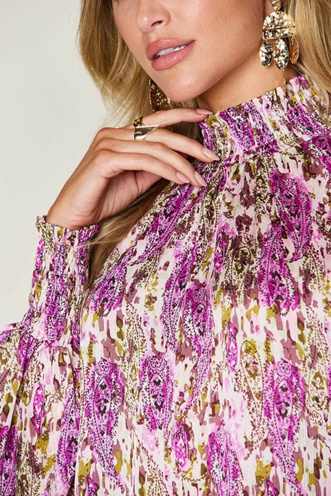 Double Take Full Size Printed Smocked Long Sleeve Blouse - Byyde