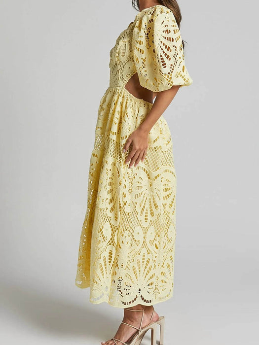 Cutout Back Lace Crochet V-Neck Dress - Byyde