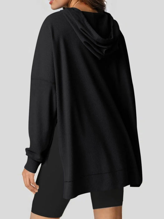 Slit Drawstring Waffle Knit Hoodie - Byyde