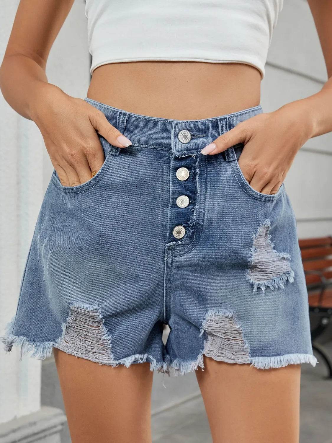 Distressed Raw Hem Denim Shorts - Byyde