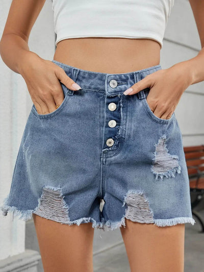 Distressed Raw Hem Denim Shorts - Byyde