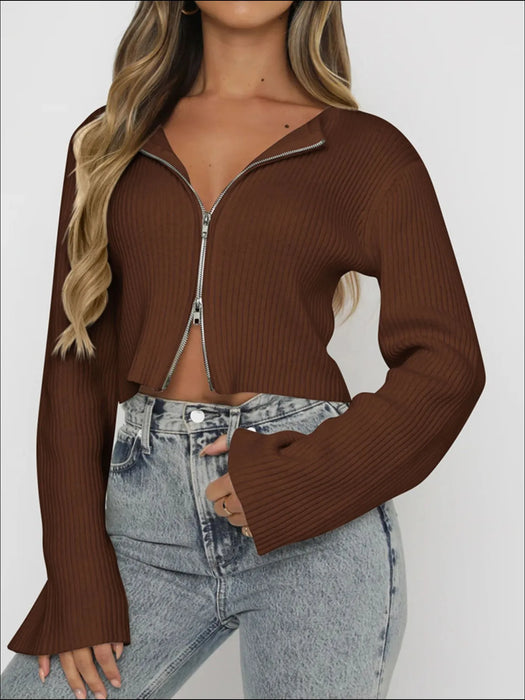 Ribbed Zip-Up Cropped Cardigan - Byyde