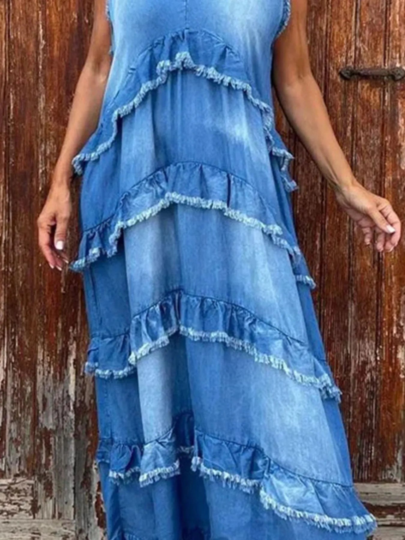 Raw Hem Layered Denim Maxi Dress - Byyde