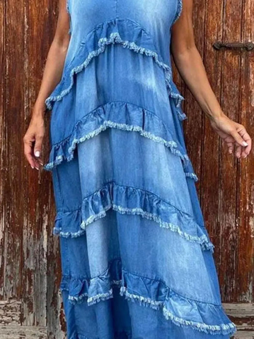 Raw Hem Layered Denim Maxi Dress - Byyde