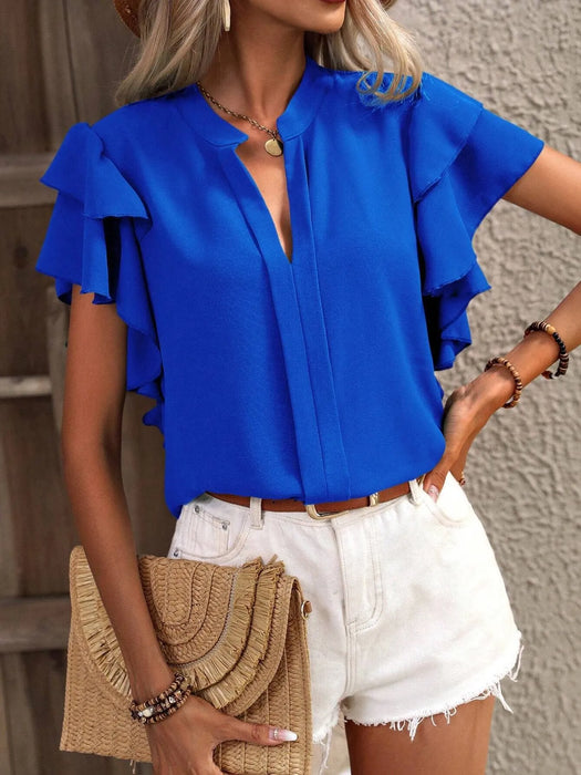 Ruffle Sleeve Notched Blouse - Byyde