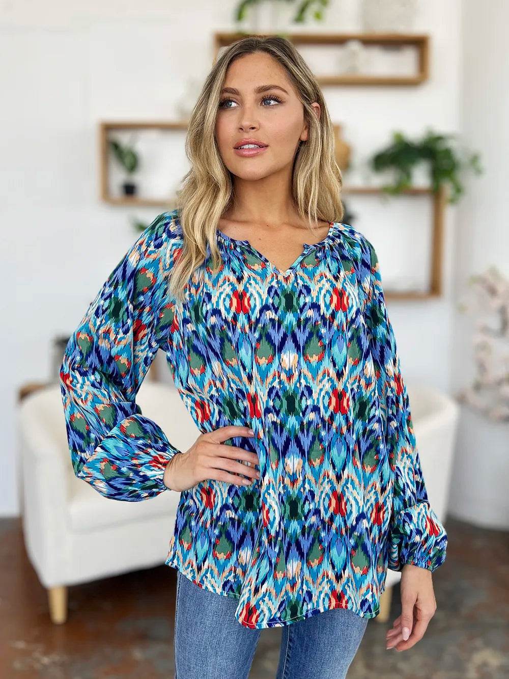 Double Take Full Size Printed Balloon Sleeve Blouse - Byyde