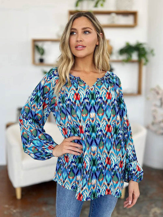 Double Take Full Size Printed Balloon Sleeve Blouse - Byyde