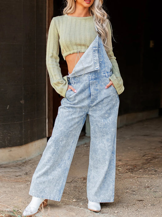 Vintage Washed Wide Leg Denim Overalls with Front Pockets - Byyde
