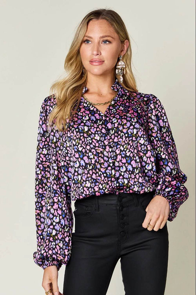 Double Take Full Size Printed Balloon Sleeve Shirt - Byyde