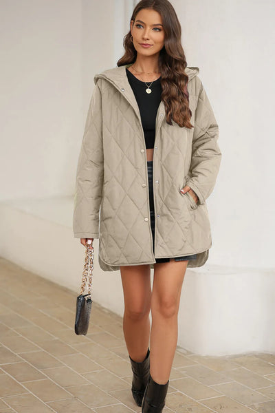 Snap Down Long Sleeve Quilted Winter Coat - Byyde