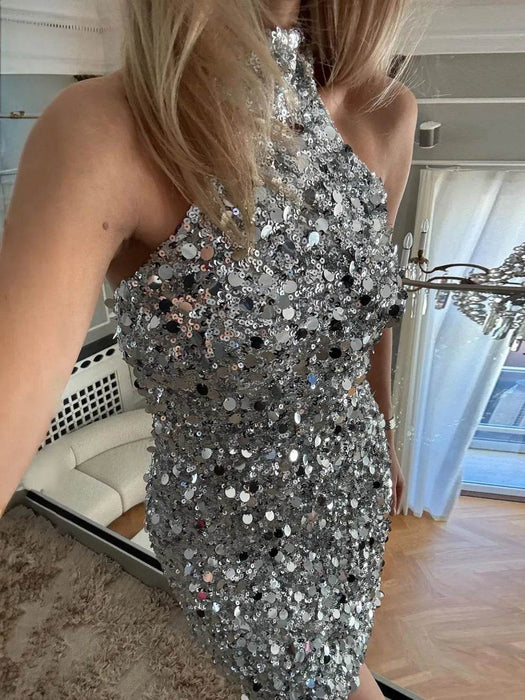 Devine Sequin Halter Neck Mini Dress - Byyde