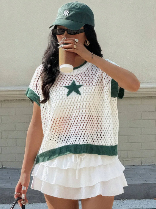 Star Pattern Mesh Knit Short Sleeve Knit Top - Byyde