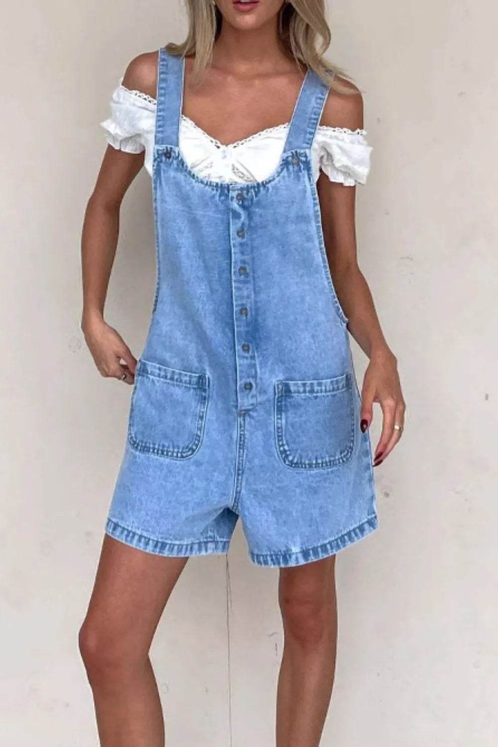 Button Front Denim Overall Shorts with Front Pockets - Byyde