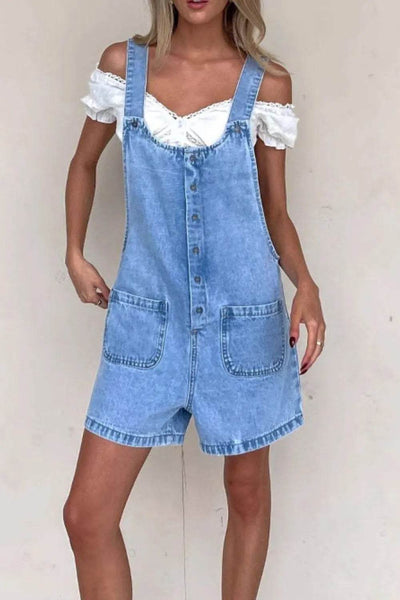 Button Front Denim Overall Shorts with Front Pockets - Byyde