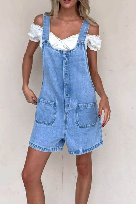 Button Front Denim Overall Shorts with Front Pockets - Byyde