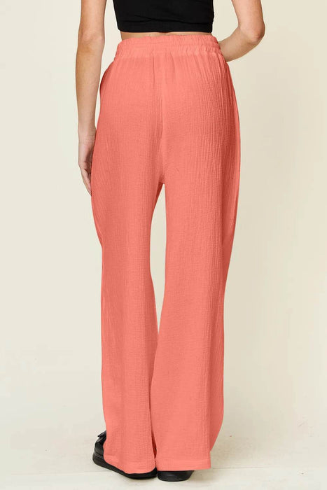 Double Take Full Size Texture Drawstring Wide Leg Pants - Byyde