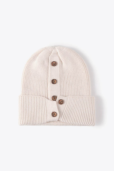 Button Detail Rib-Knit Cuff Beanie - Byyde