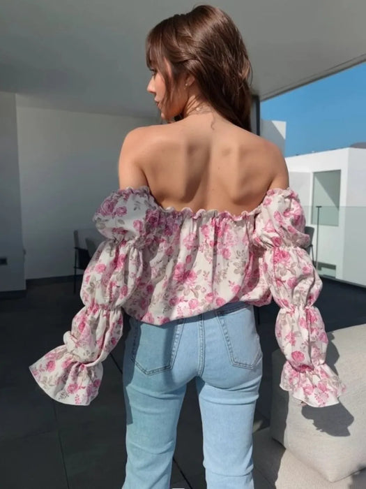 Printed Off-Shoulder Flounce Sleeve Blouse - Byyde