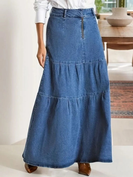 Tiered Maxi Denim Skirt with Zipper Detail - Byyde