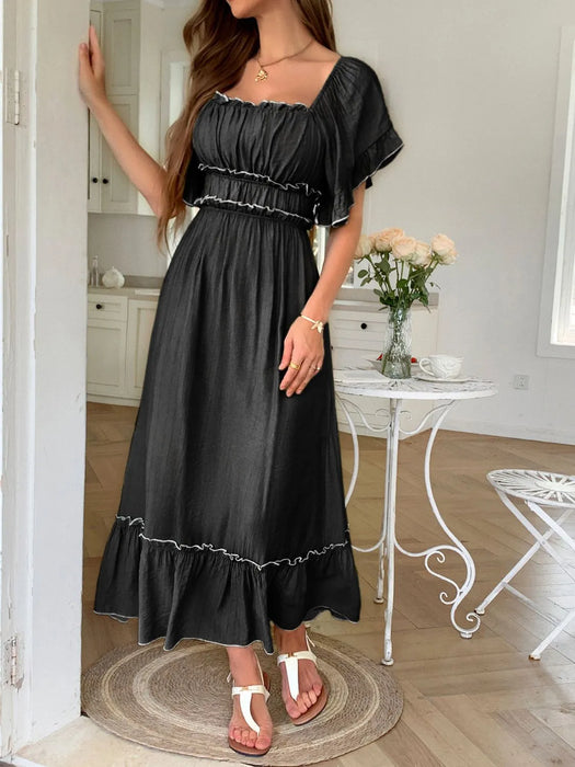 Square Neck Puff Sleeve Ruffle Trim Maxi Dress - Byyde