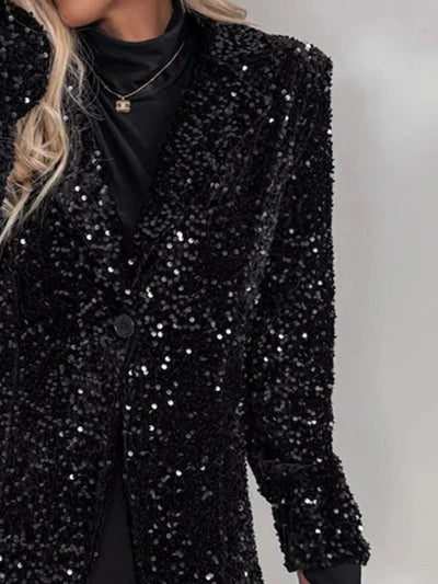 Sequin Lapel Collar Long Sleeve Blazer - Byyde