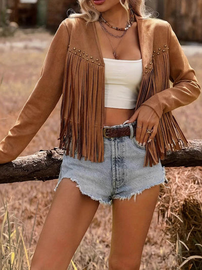 Fringe Studded Open Front Jacket - Byyde