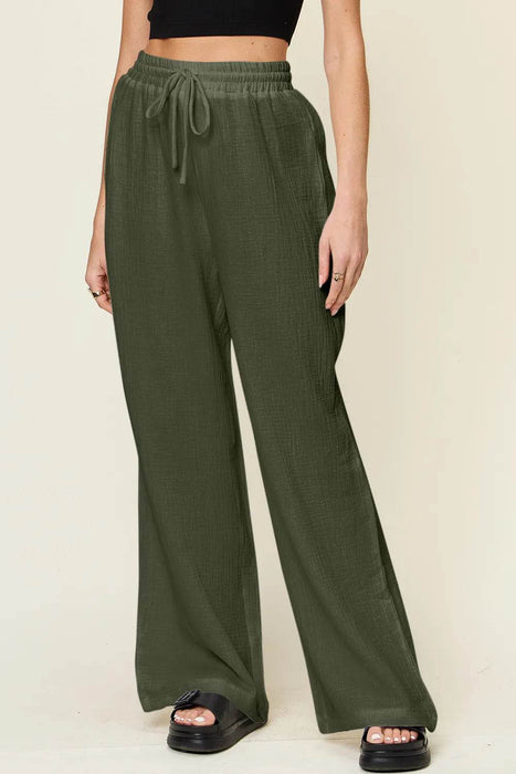 Double Take Full Size Texture Drawstring Wide Leg Pants - Byyde