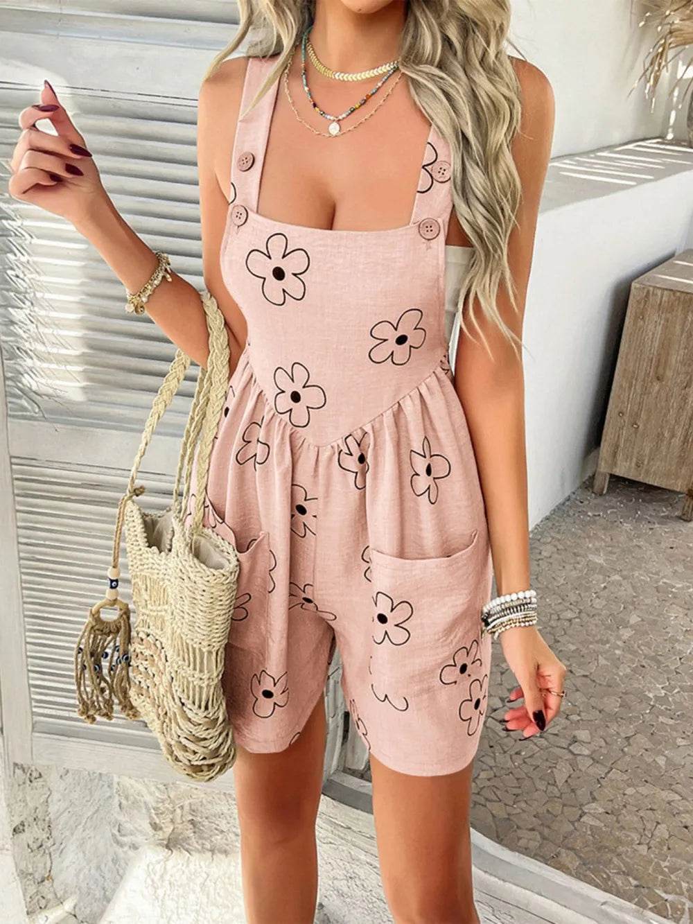 Devine Flower Wide Strap Overalls with Pockets - Byyde