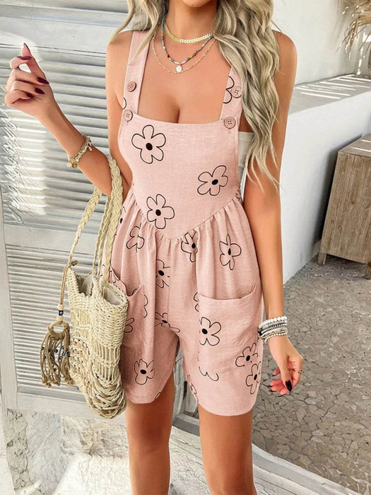 Devine Flower Wide Strap Overalls with Pockets - Byyde
