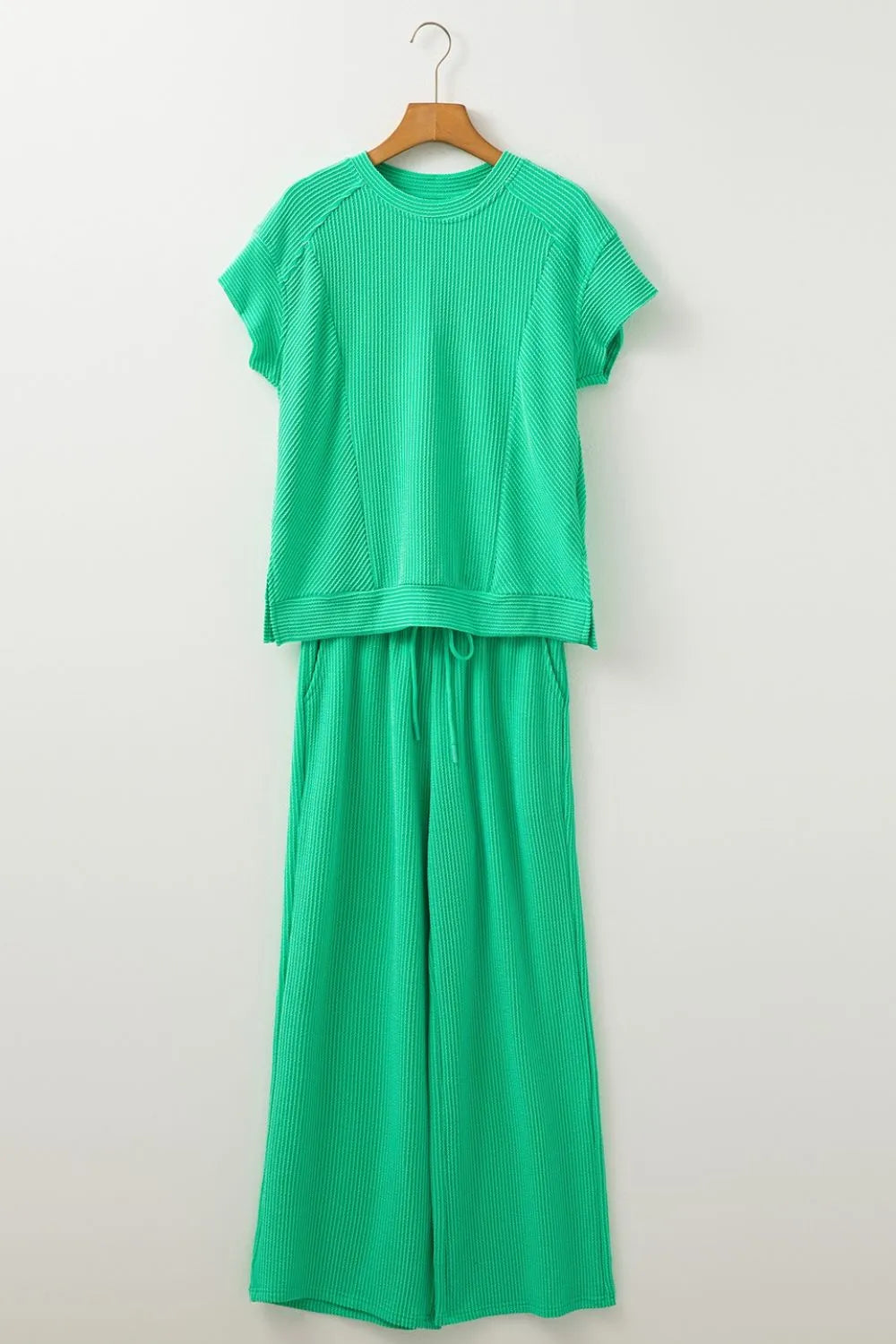 Ribbed Knit Round Neck Top and Pants Casual Set - Byyde