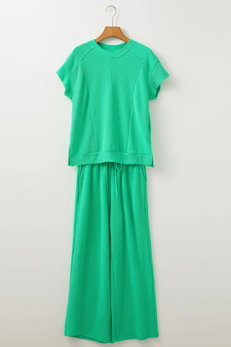 Ribbed Knit Round Neck Top and Pants Casual Set - Byyde
