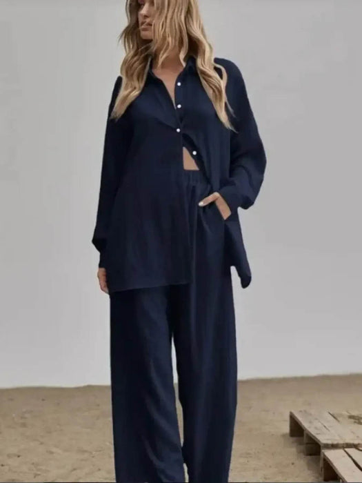 Button Up Long Sleeve Shirt and Pants Set - Byyde
