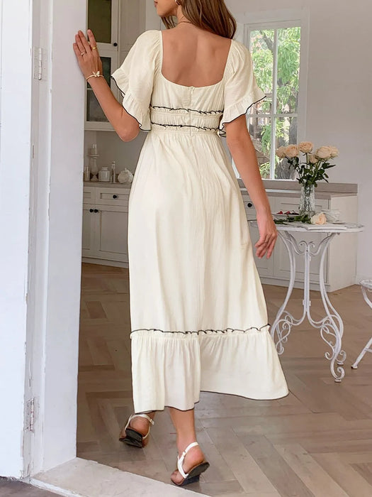 Square Neck Puff Sleeve Ruffle Trim Maxi Dress - Byyde