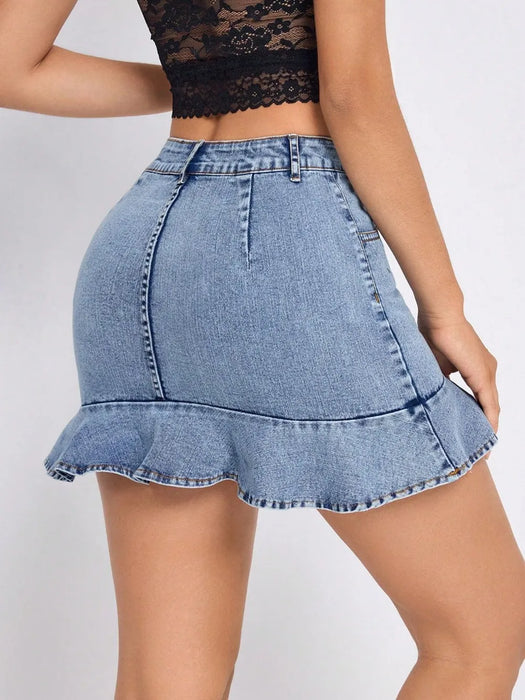 Ruffled Hem Denim Mini Skirt - Byyde