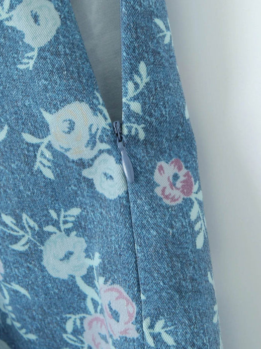 Floral Print Strapless Top and Skort Denim Set - Byyde
