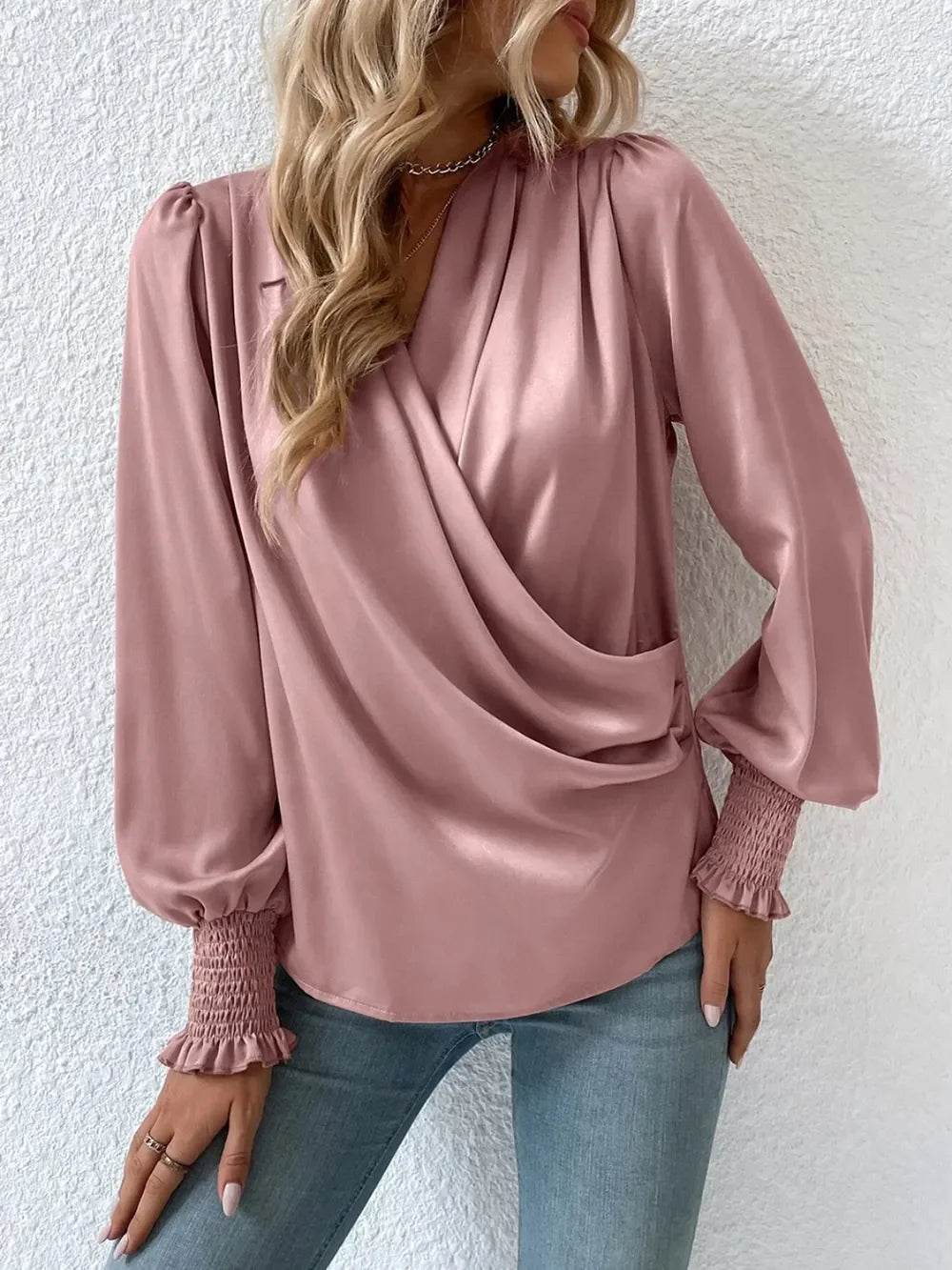 Surplice Smocked Lantern Sleeve Blouse - Byyde